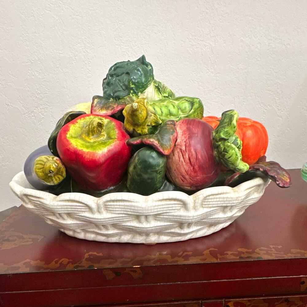 Vintage Majolica-Style Ceramic Vegetable Basket Centerpiece - Harvest Decor